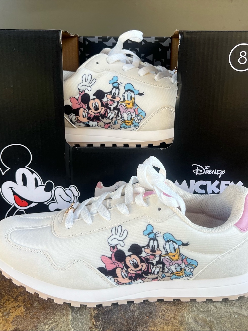 Disney White Sneakers with Pink and Light Blue Character Graphics. NEW!